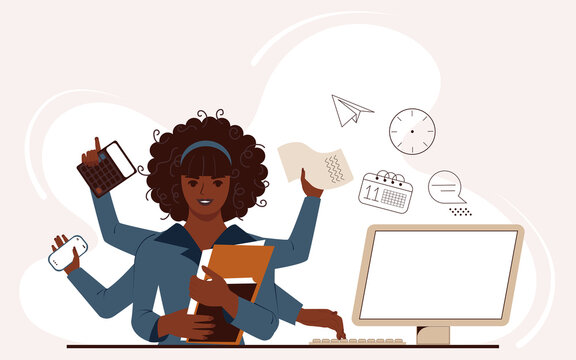 Multitasking African American woman at work in the office. Black girl performs many tasks at the same time at her desk at the computer. Flat vector illustration