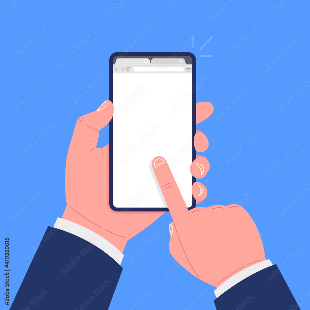 Poster hand holds smartphone with browser mockup on a screen. web browser blank template. vector illustrati