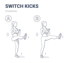 Fototapeta na wymiar Switch Kicks Exercise Women Home Legs Workout Guidance Flat Outline Illustration.