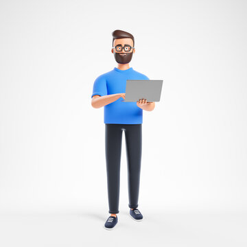 Cartoon beard character man in blue t-shirt holding laptop over white background. Digital marketing and data science concept.