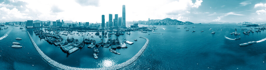 Fototapeta premium Panorama view of Hong Kong city in blue color tone