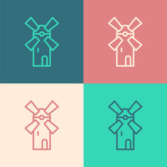 Pop art line Windmill icon isolated on color background. Vector.