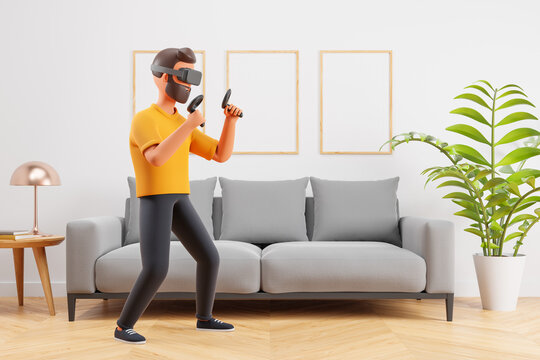 Cartoon character man play virtual fighting game with vr goggles and controller at home in cozy living room interior.