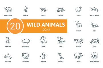 Wild Animals icon set. Contains editable icons wild animals theme such as pigeon, jaguar, killer whale and more. © Mariia