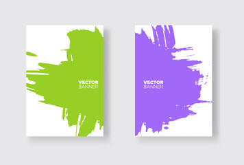 Purple and green abstract design set. Ink paint on brochure, Monochrome element isolated on white.