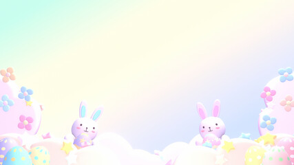 Cute cartoon Easter bunny and flowers. 3d rendering picture.