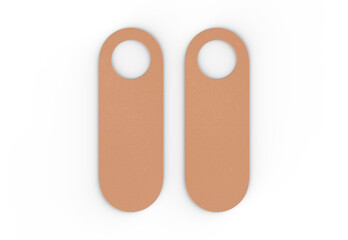 Blank door hanger tags for room in hotel, resort, home. Kraft door hanger mockup template on isolated white background, 3d illustration