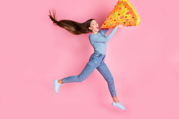 Full body profile portrait of attractive excited person hair flying open mouth isolated on pink...