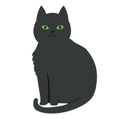 Vector graphics in flat style isolated on white background. Black cat with green eyes minimalistic icon symbol of failure and unhappiness hand drawn illustration.