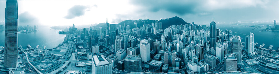 Panorama view of Hong Kong city in blue color tone