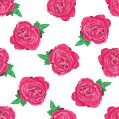 Hand painted seamless pattern with red roses and green leaves. Bright, colorful and romantic design perfect for postcards, wrapping paper, wedding invitations, textile. Drawn in colored pencils