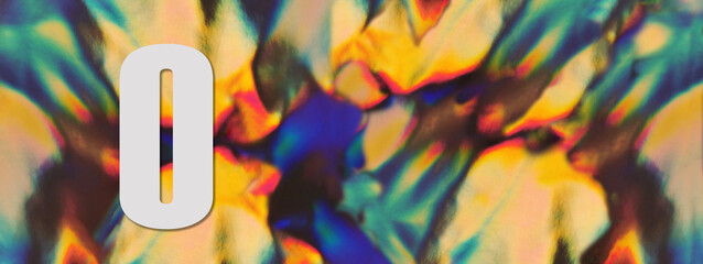 Wide banner. Number 0 zero on the blurry iridescent holographic foil background. Colorful...