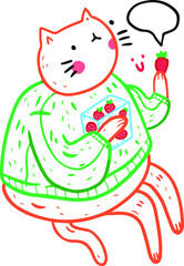 Obraz na płótnie Canvas Vector image. The cat in the sweater is eating strawberries. Cute cat. Vegan and snack.