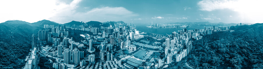 Obraz premium Panorama view of Hong Kong city in blue color tone