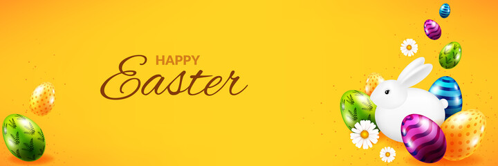 Easter greeting card with cute bunny, chamomiles and eggs.