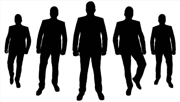 Businessman in a business suit. Set of five silhouettes of large build young guys. Teamwork. Way to work. Bodyguard. Security guard. Successful man. Black silhouettes isolated on a white background.	