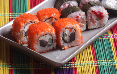 Close up of sushi roll. Food concept. Japanese kitchen