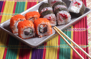 Close up of sushi roll. Food concept. Japanese kitchen