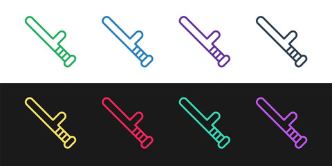 Set line Police rubber baton icon isolated on black and white background. Rubber truncheon. Police Bat. Police equipment. Vector.
