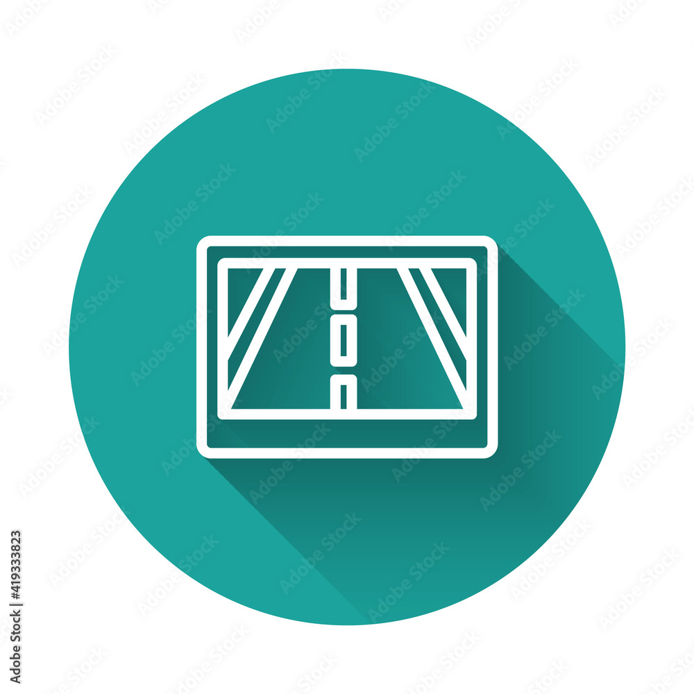 Poster white line gps device with map icon isolated with long shadow background. green circle button. vecto