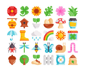 Spring icon set in detailed flat style