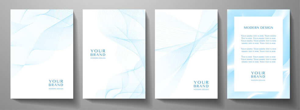 Modern cover design set. Blue, white abstract line pattern (guilloche curves). Creative wavy stripe vector collection layout for business background, certificate, brochure template