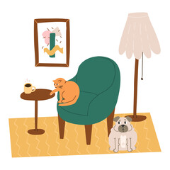 Cute and funny pets mischief scene. A naughty cat reaches for a mug of coffee on a table,a pug nearby cheerfully watches