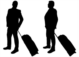 Businessman with baggage on wheels. Two male silhouettes in business suits stand in line, one after another. Black silhouette is isolated on a white background. Business trip. Vacation. Office workers