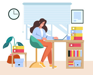 Young woman working On Laptop, Freelance or studying concept. Cute trendy illustration in flat style.