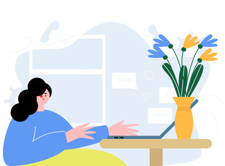 Young woman working On Laptop, Freelance or studying concept. Cute trendy illustration in flat style.