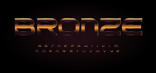 Bold wide font with dark bronze texture on black background. Golden alphabet for title and headline. Vector typography design with glossy metal surface