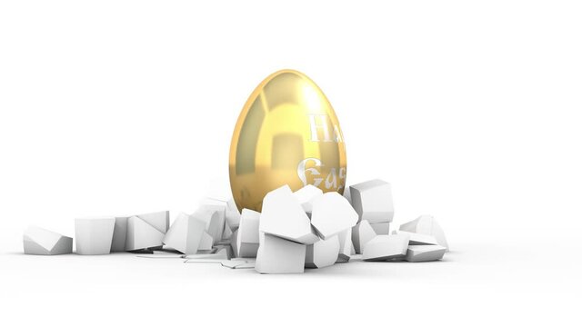 3d animation of the golden egg that destroyed the surface and rose to the top. On the egg is a silver inscription: "Happy Easter". A symbol of victory over death.