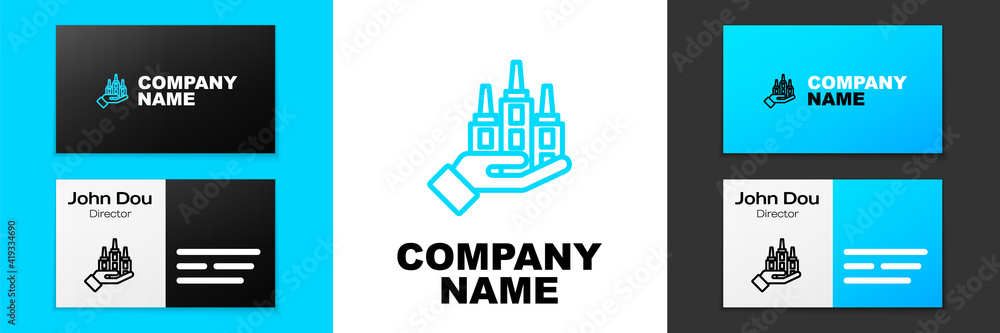 Poster blue line skyscraper icon isolated on white background. metropolis architecture panoramic landscape.