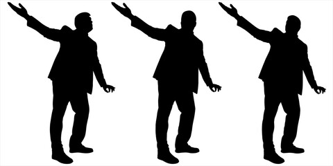 Businessman stands still. With one hand rests on the table, support. Second hand is held high. Emotions. Gestures. Something is explaining. Three black male silhouettes isolated on a white background.