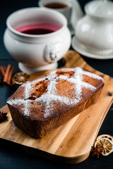Homemade banana bread with jam and copy space.
