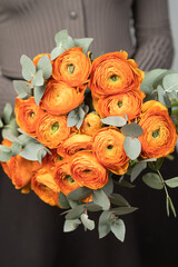 A bouquet of bright orange ranunculus close-up.