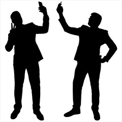 Selfie. Man takes a selfie. Illustration male silhouette is actively photographing. Businessman in a suit. Photo lover. Boy is looking at the camera of his phone. Shows a 