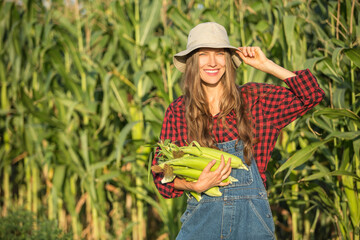 farmer, field, corn, agriculture, happy, woman, nature, Female farmer or gardener holding her crop fresh vegetable. Agriculture -food production, harvest concept	