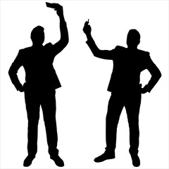 Selfie. Man takes selfie. Illustration two male silhouettes are actively photographing. Businessman in a suit. Photo lover. Looking at the camera of his phone. Black silhouette on a white background.