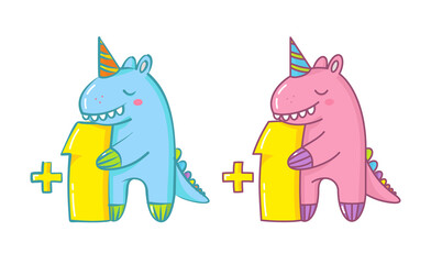 Two cute dinosaurs, blue and pink, hugging the yellow number 1 on a white background. Isolated object. Vector, illustration