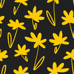 Fototapeta na wymiar Yellow Flower Pattern - Seamless Black and Yellow Vector Background