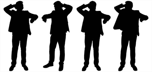 Late guys. Hurrying people. Businessmen stand still and look at the wristwatch. Four black male silhouettes isolated on a white background. Young guys in business suits. Office workers.