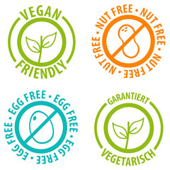 Vegan Friendly Icon Badge Design. Nut Free and Egg Free Bagdes.