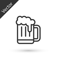 Grey line Wooden beer mug icon isolated on white background. Vector.