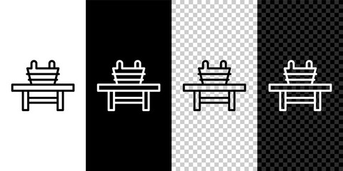 Set line Sauna bench with bucket icon isolated on black and white,transparent background. Vector.