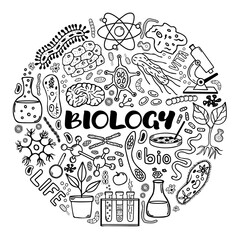 Biology. Round concept vector hand drawn elements in doodle style.