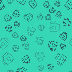 Black line Cup of tea with tea bag icon isolated seamless pattern on green background. Vector.