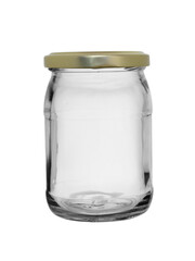 Transparent glass jar, closed with a metal lid, on a white background, close-up