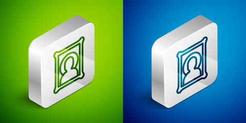 Isometric line Christian icon isolated on green and blue background. Silver square button. Vector.