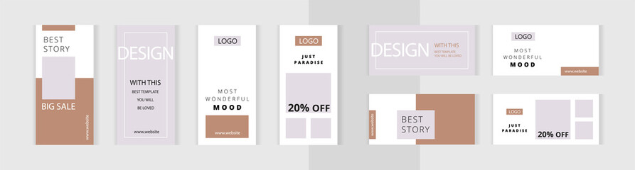 Set of editable vertical and horizontal photo collage banners. Minimalist templates for social media posting and online advertising. Classic Gold color style. Trend vector illustration.